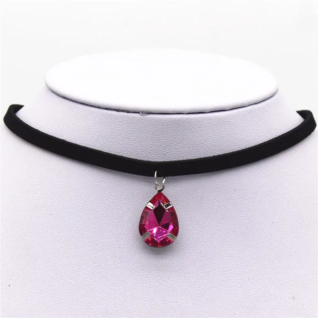 Hot New Torques Bijoux Plain Black Velvet Ribbon Water Drop Pendant Necklace Maxi Statement Chokers Necklace Women 2016 Jewelry