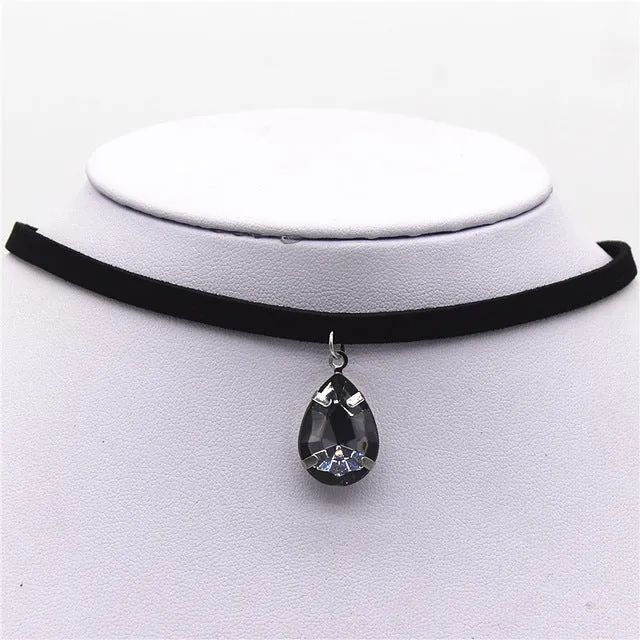 Hot New Torques Bijoux Plain Black Velvet Ribbon Water Drop Pendant Necklace Maxi Statement Chokers Necklace Women 2016 Jewelry