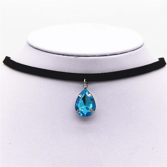 Hot New Torques Bijoux Plain Black Velvet Ribbon Water Drop Pendant Necklace Maxi Statement Chokers Necklace Women 2016 Jewelry