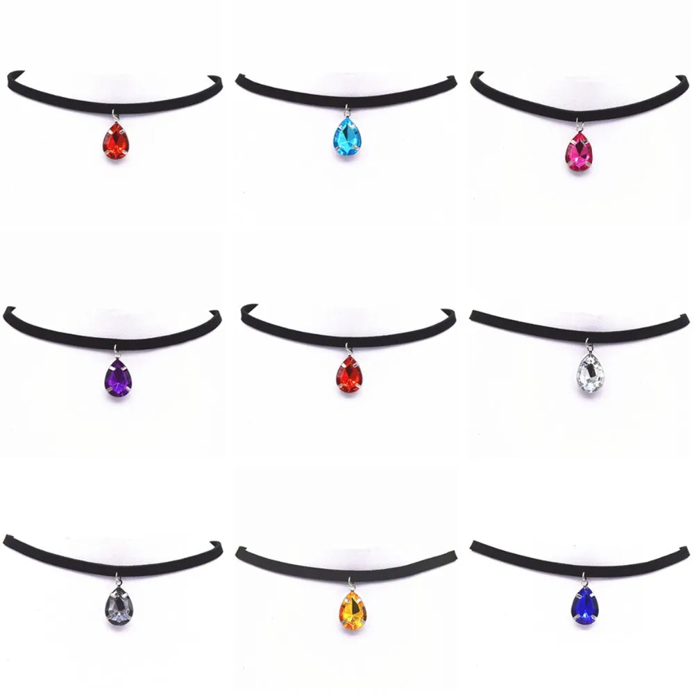 Hot New Torques Bijoux Plain Black Velvet Ribbon Water Drop Pendant Necklace Maxi Statement Chokers Necklace Women 2016 Jewelry