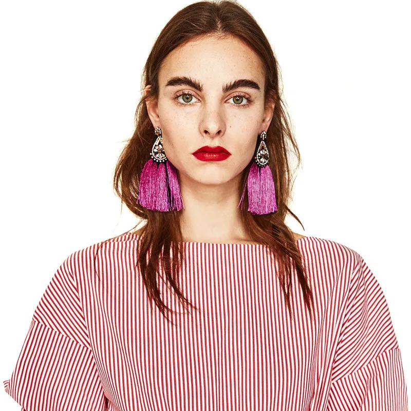 JUJIA  FALCON TASSEL EARRING HAND MADE STATEMENT EARRING MULTICOLOURED POMPOM FRINGED EARRING FASHION JEWELRY