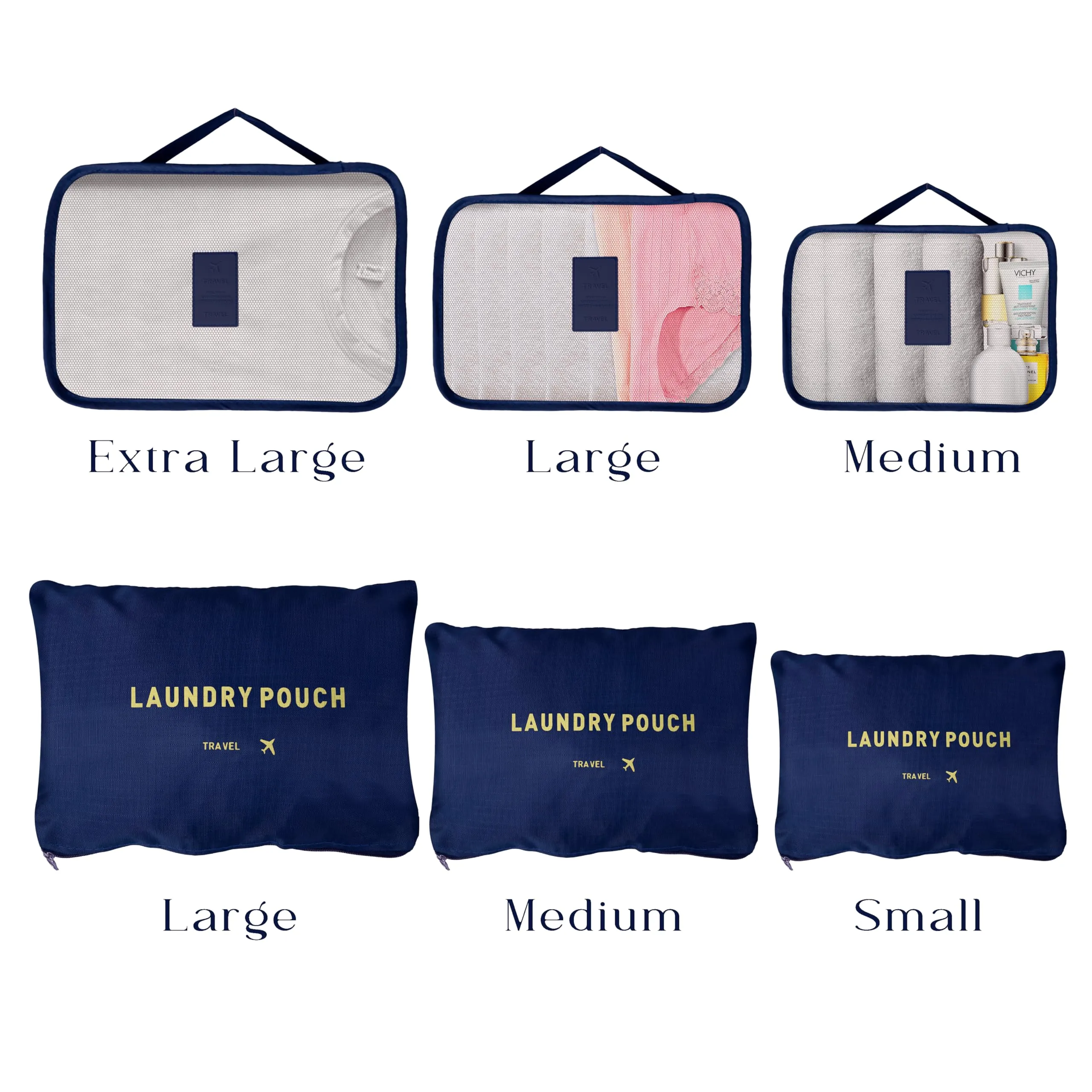 Kuber Industries 36 Pcs Travel Luggage Bag | Toiletry Bag for Jewellery-Watches-Bracelets | Multi-Purpose Storage Bag with Handle | Travel Utility Storage Pouches | LYN16-NVY | Navy Blue | Pack of 6