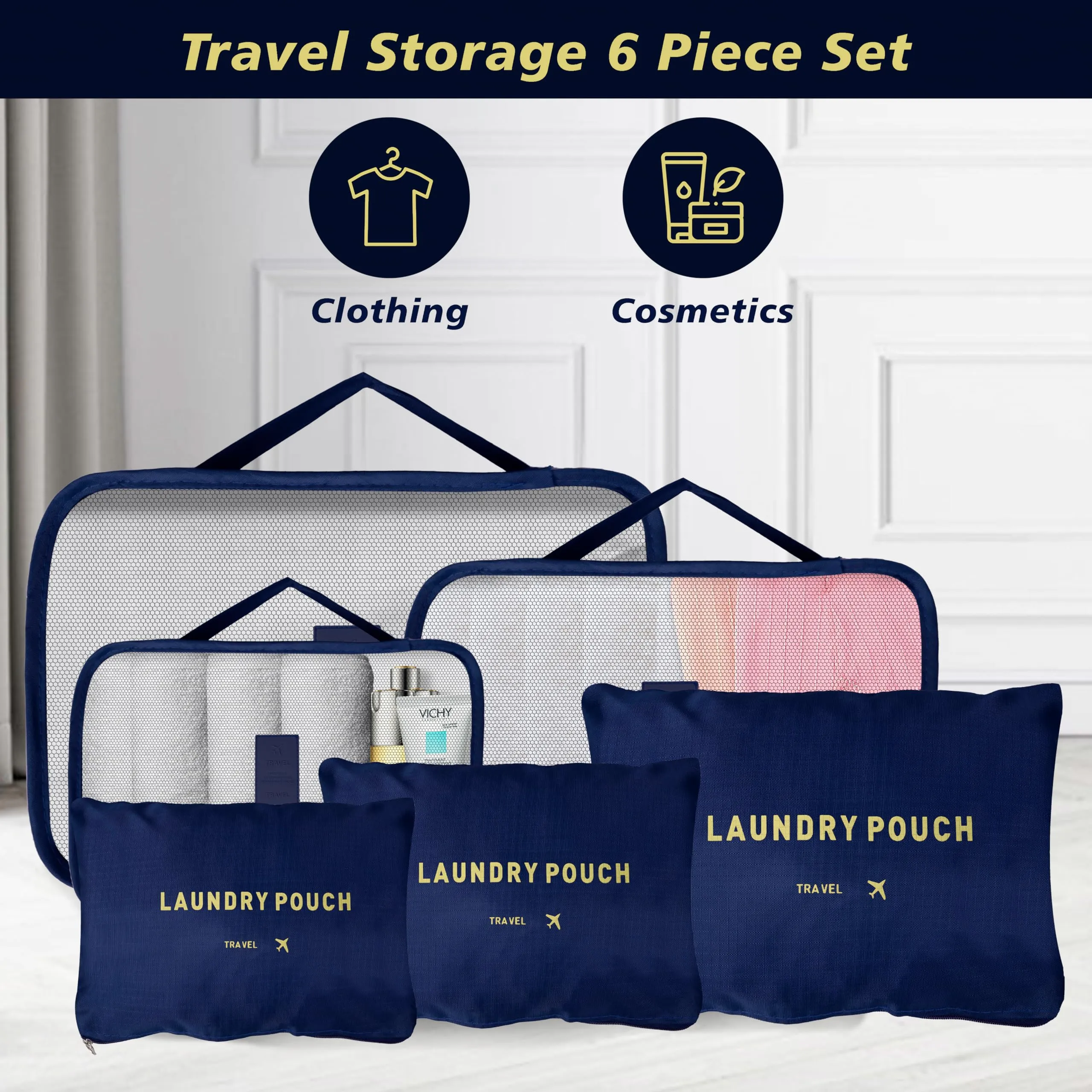 Kuber Industries 36 Pcs Travel Luggage Bag | Toiletry Bag for Jewellery-Watches-Bracelets | Multi-Purpose Storage Bag with Handle | Travel Utility Storage Pouches | LYN16-NVY | Navy Blue | Pack of 6