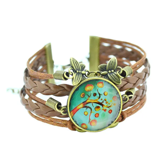 LIEBE ENGEL 2017 newest  Bracelet Bangles life tree Galaxy Cabochon vintage bronze butterfly Leather Bracelet For Women Men