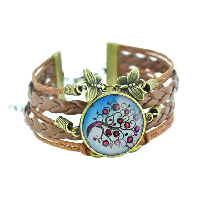 LIEBE ENGEL 2017 newest  Bracelet Bangles life tree Galaxy Cabochon vintage bronze butterfly Leather Bracelet For Women Men