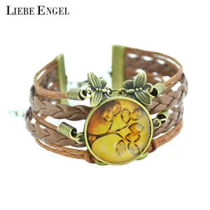 LIEBE ENGEL 2017 newest  Bracelet Bangles life tree Galaxy Cabochon vintage bronze butterfly Leather Bracelet For Women Men