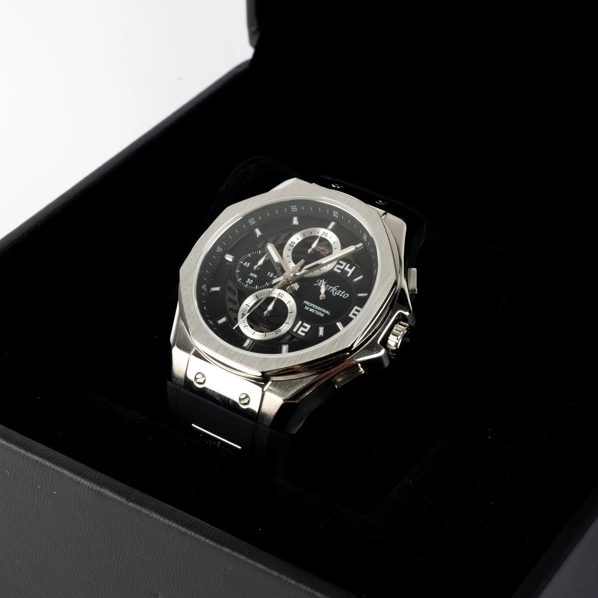 MARKATO Men Watch with Silver Box and Black Rubber Strap