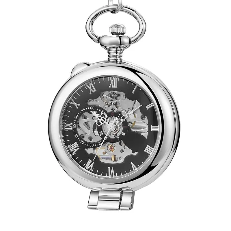 Olaf Orkina Mechanical Skeleton Pocket Watch Silver