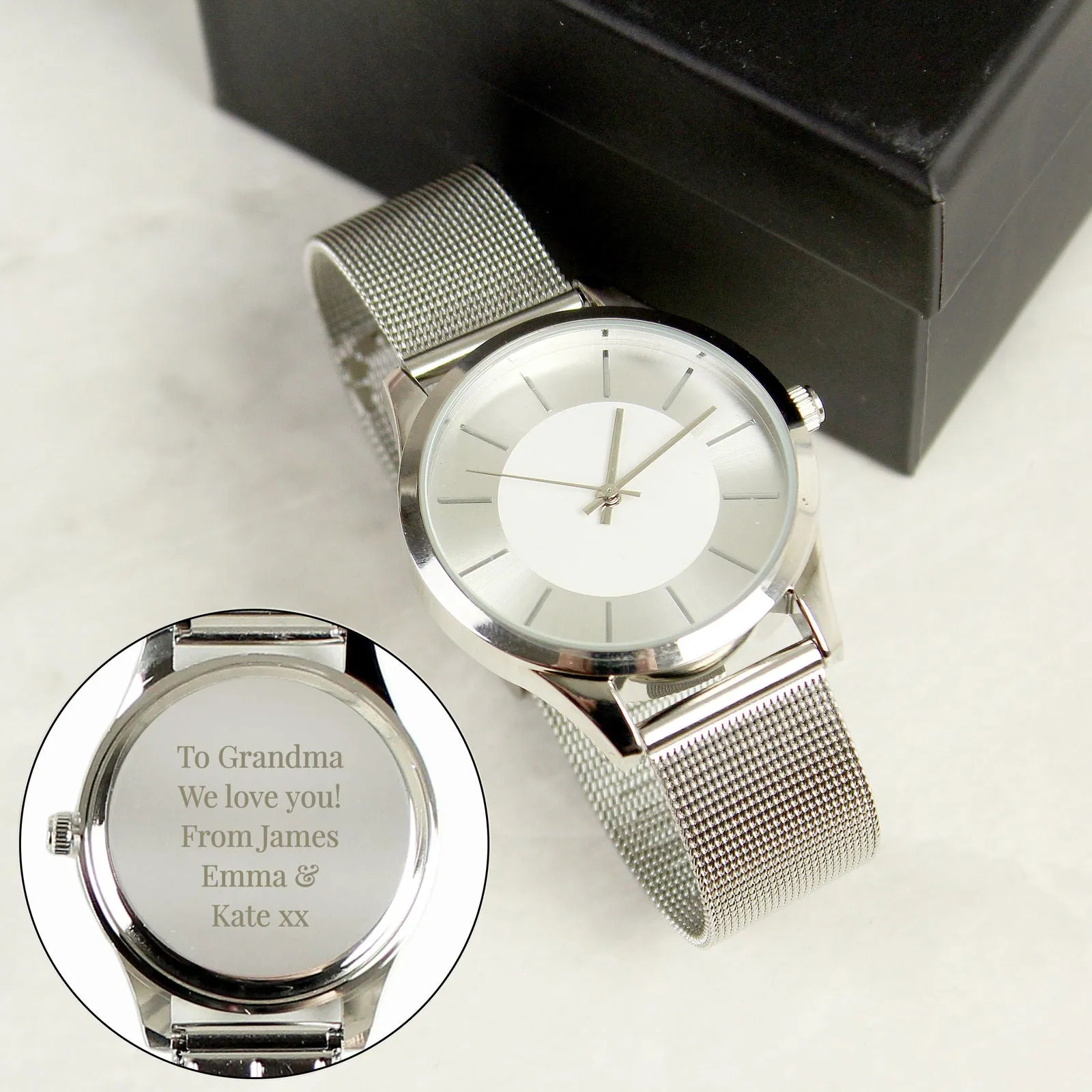 Personalised Engraved Women's Silver Watch With Mesh Style Strap