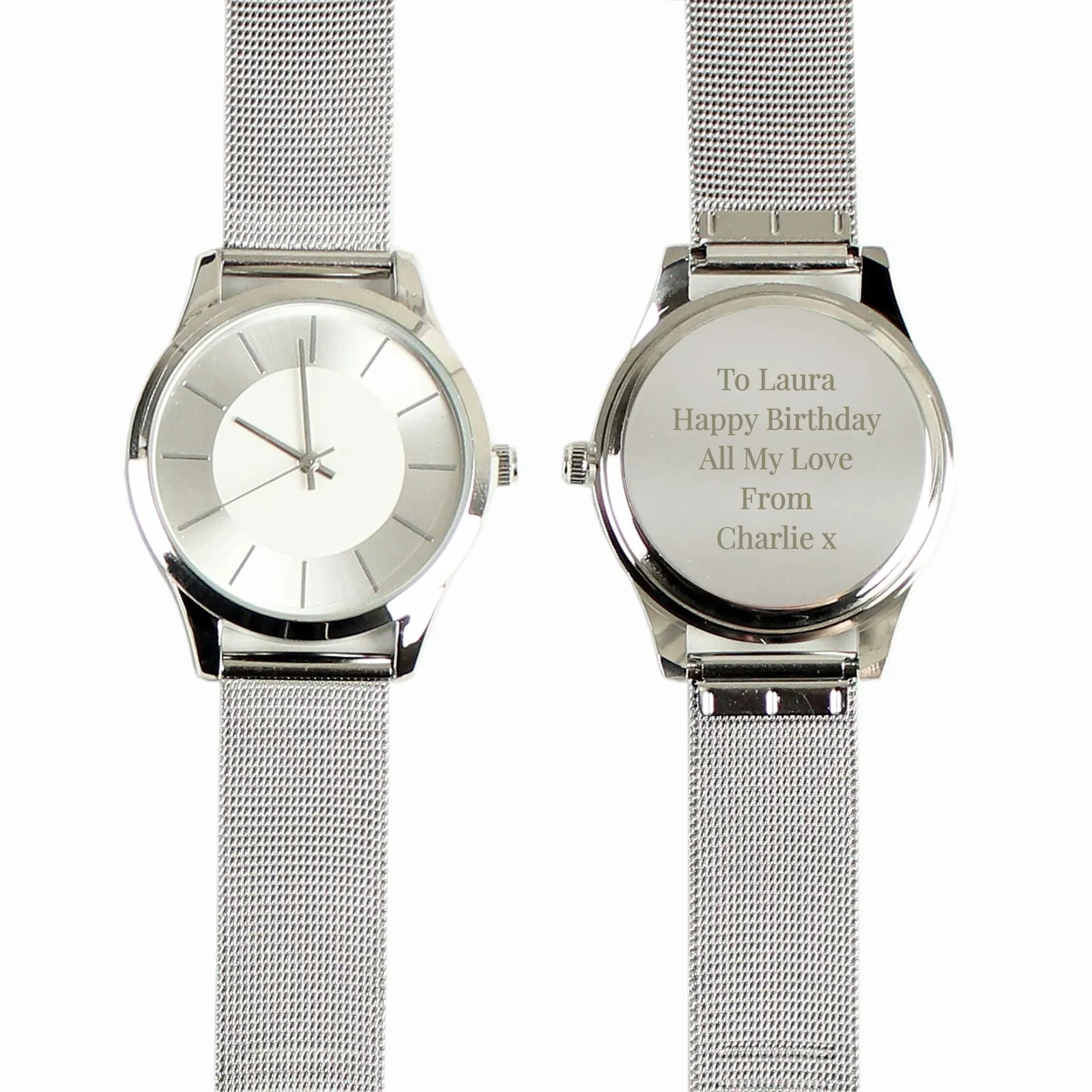 Personalised Engraved Women's Silver Watch With Mesh Style Strap