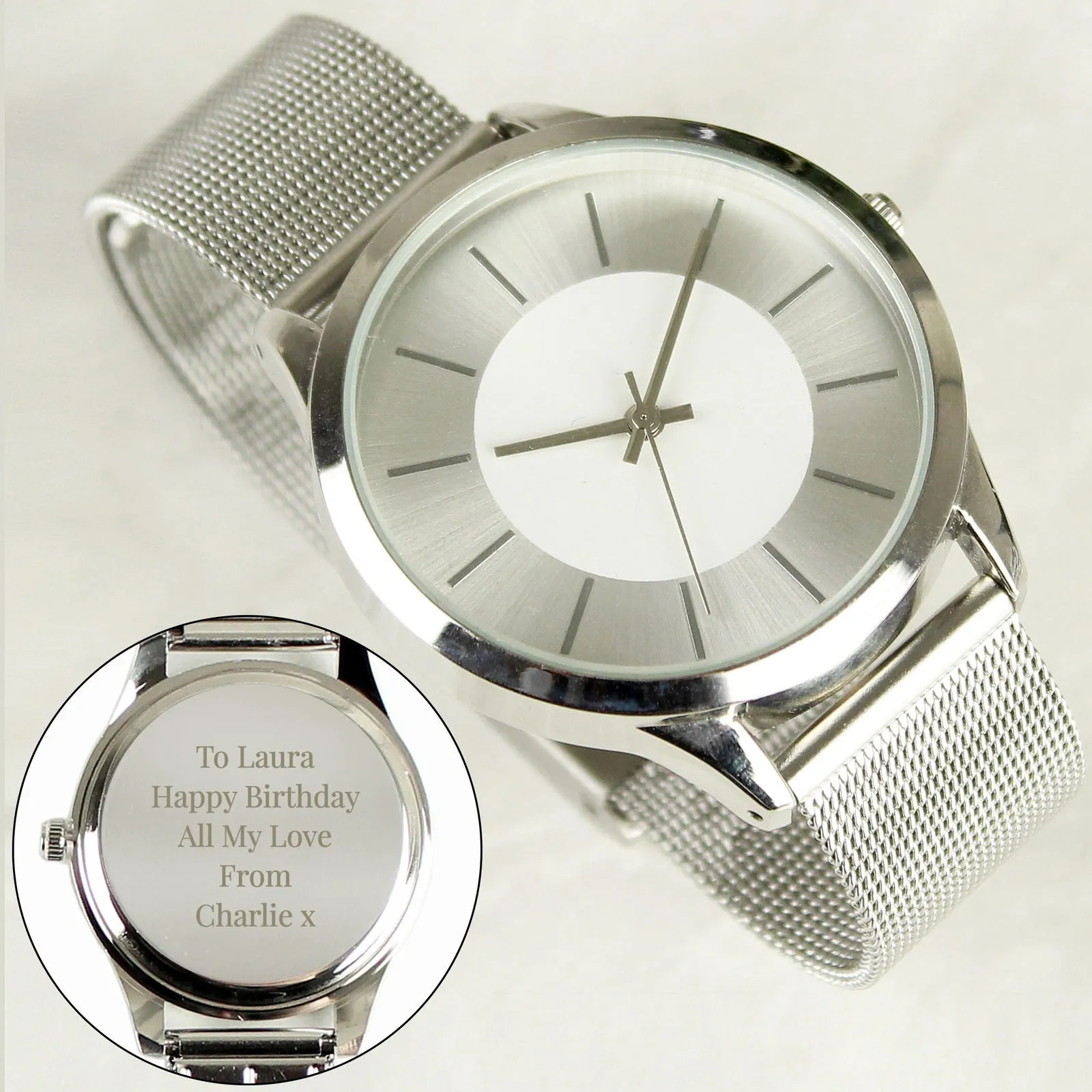 Personalised Engraved Women's Silver Watch With Mesh Style Strap