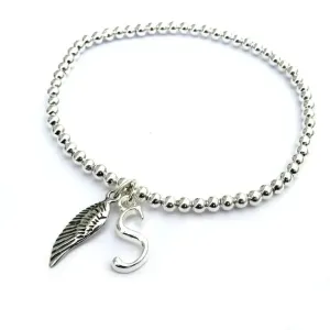 Personalised initial & mini feather charm beaded bracelet u