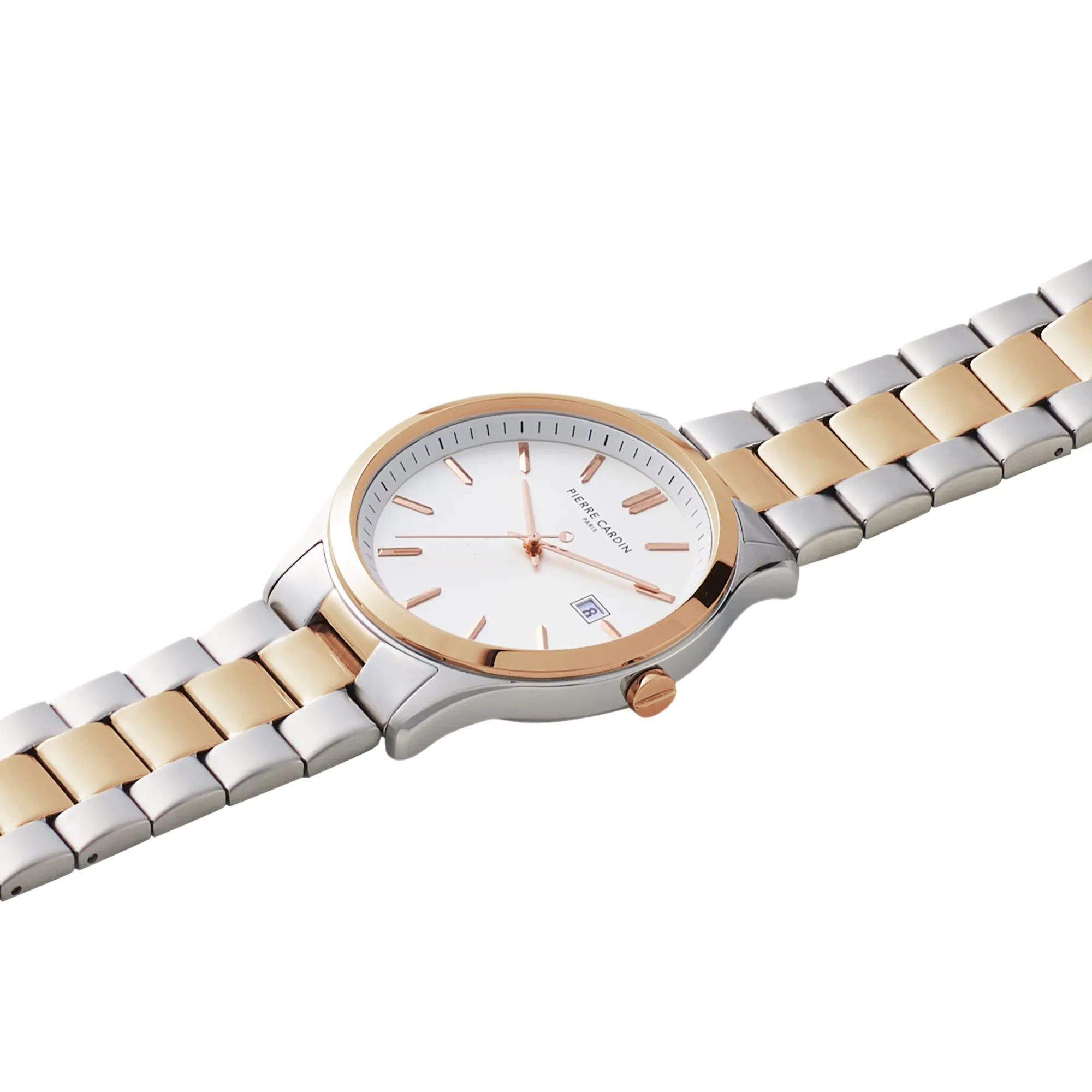 Épinettes Essential Two Tone Rose Gold and Steel Watch with Silver Dial and Metal Links Strap