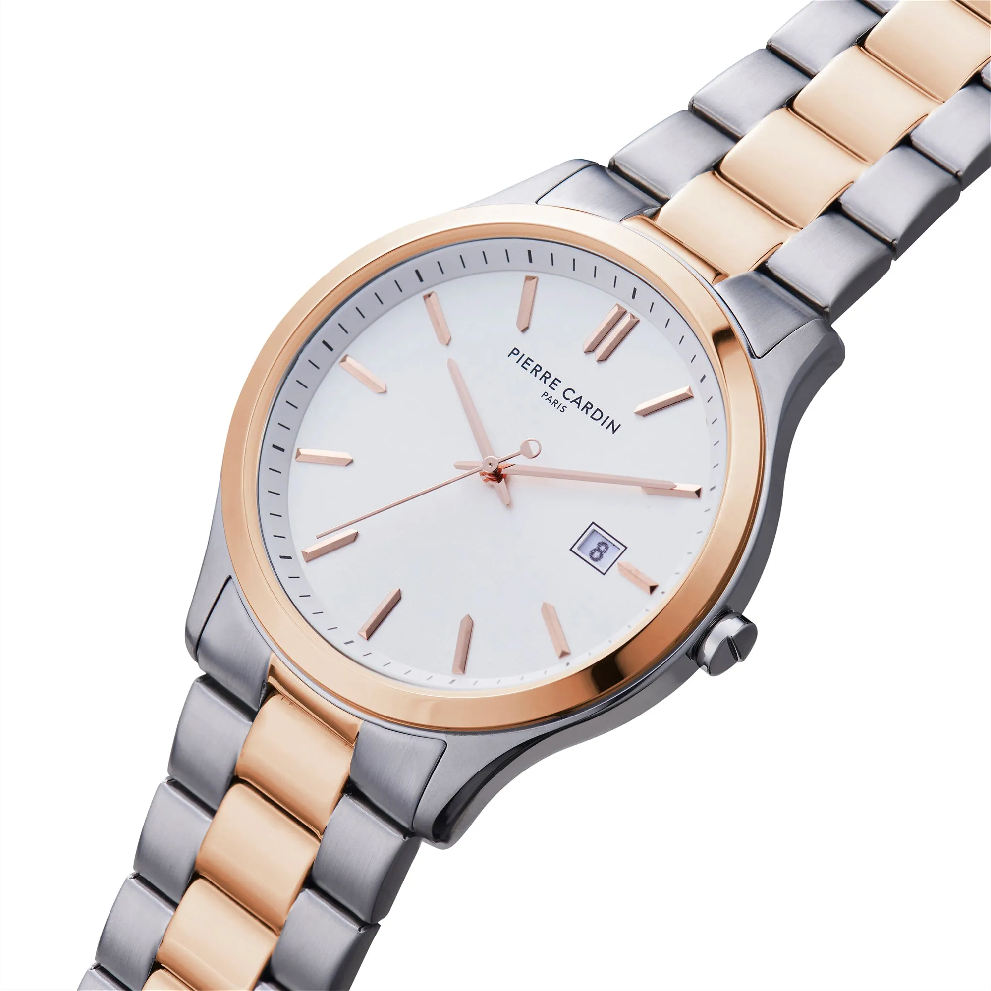 Épinettes Essential Two Tone Rose Gold and Steel Watch with Silver Dial and Metal Links Strap