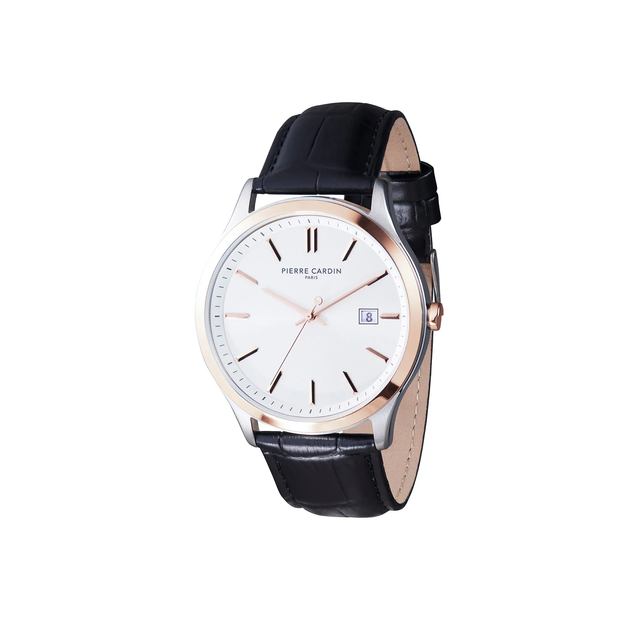 Épinettes Essential Two tone Watch with Silver Dial and Black Leather Strap