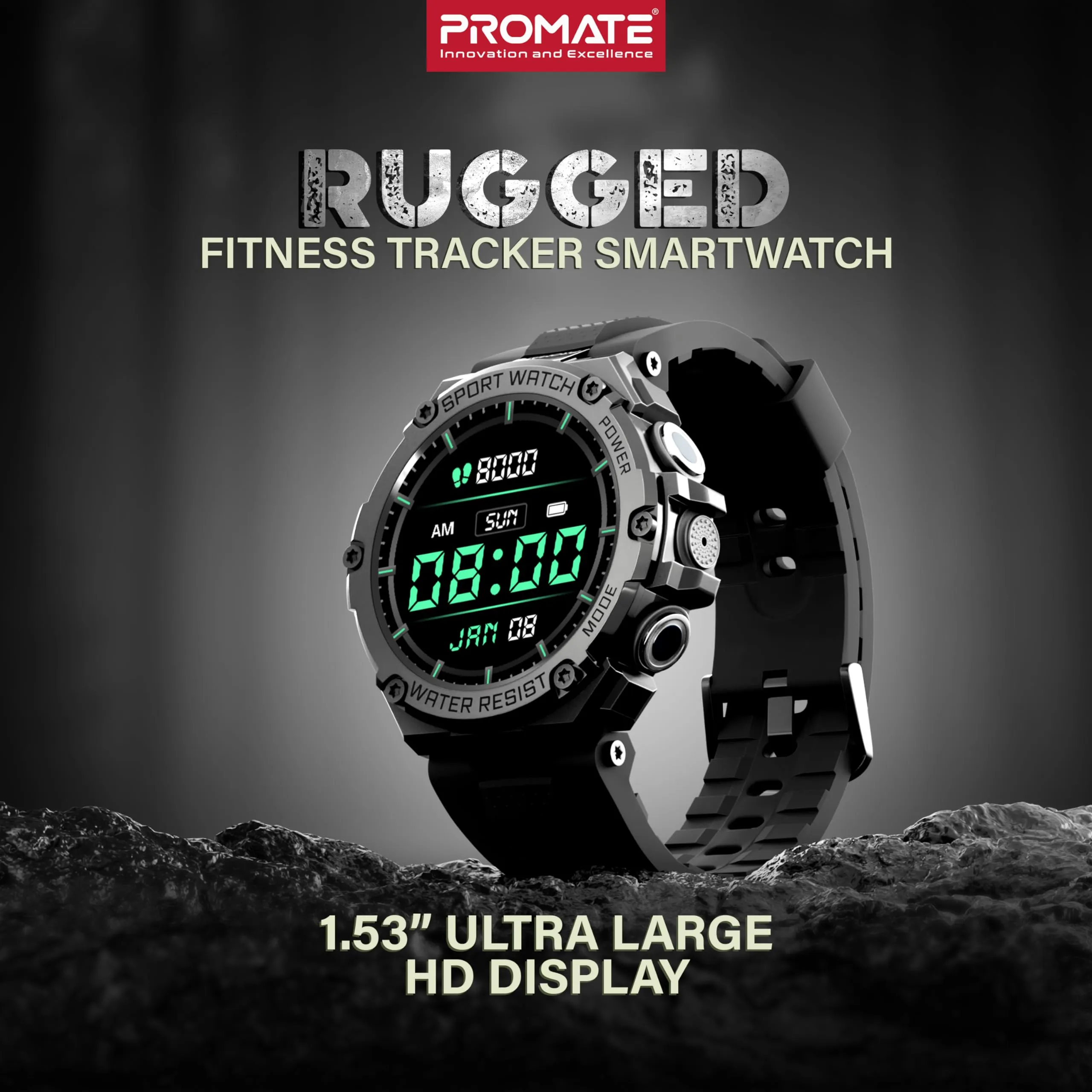 Promate Xwatch-R19 Rugged Smart Watch for Men, 1.53" Round Dial Smart Watch for Men with Bluetooth Calling, Water Resistant, AI Voice Assistance, 100 Modes & Faces, 15  Days Long Battery (Black)