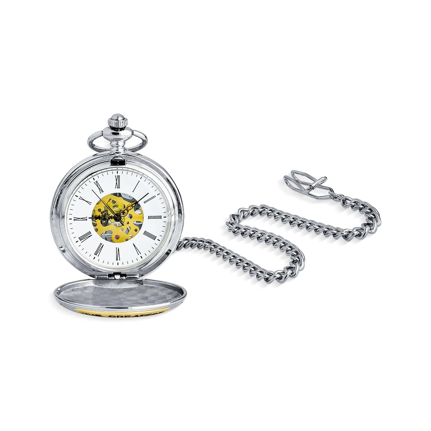 Retro Vintage Style Skeleton Pocket Watch for Dad with Chain Gold & Silver Finish