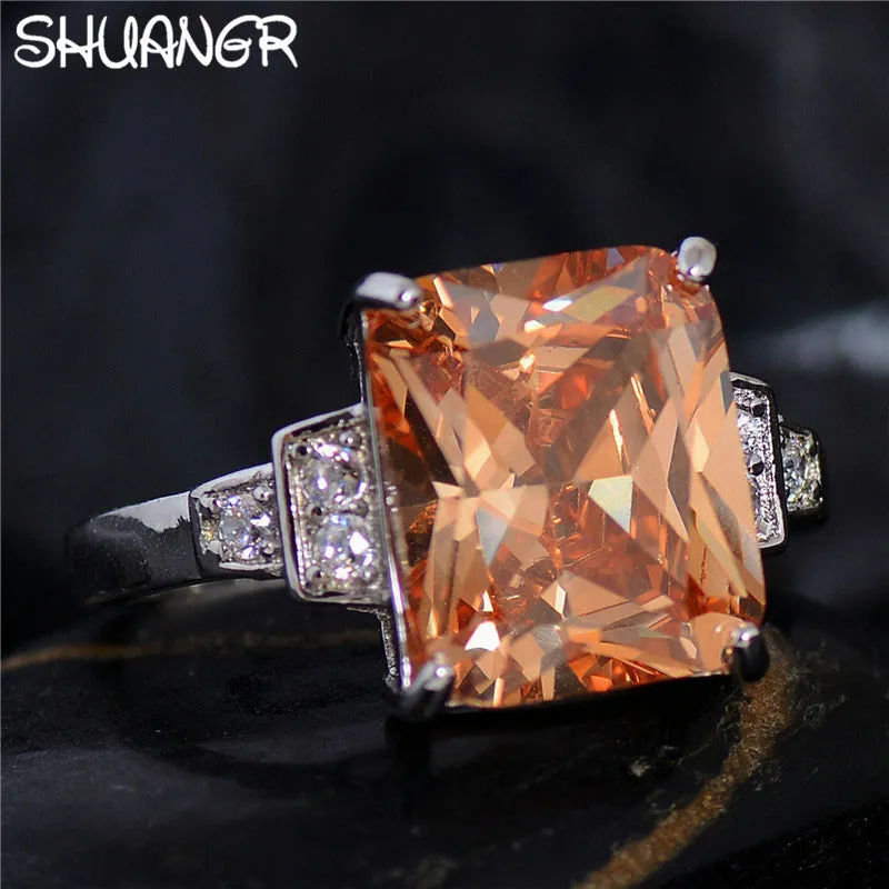 SHUANGR Fashion Square Orange Shiny Crystal Rings Silver-Color Ring Clear Cubic Zirconia Jewelry Wedding Engagement Rings Bijoux