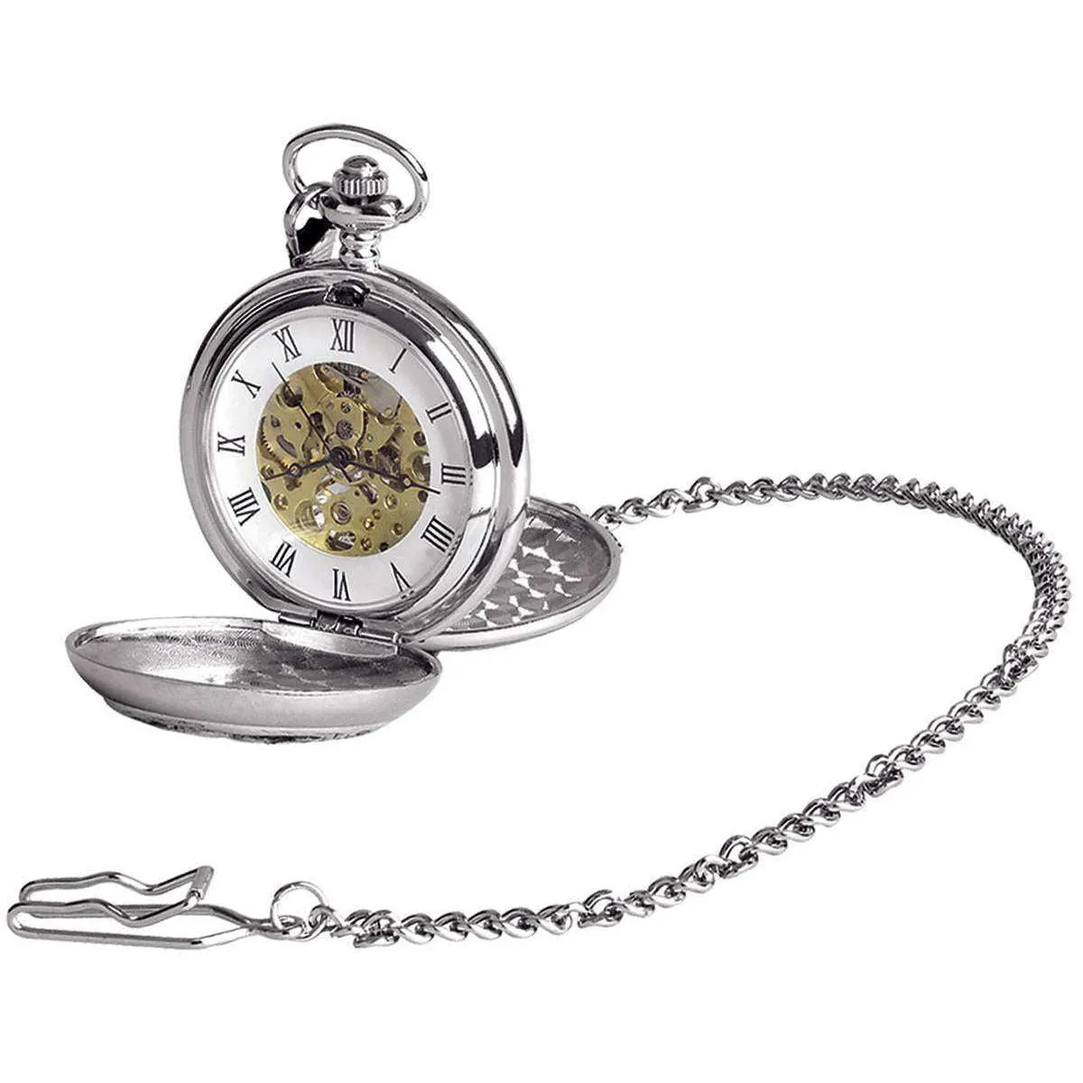 Woodford Hurricane Chrome Plated Double Full Hunter Skeleton Pocket Watch - Silver