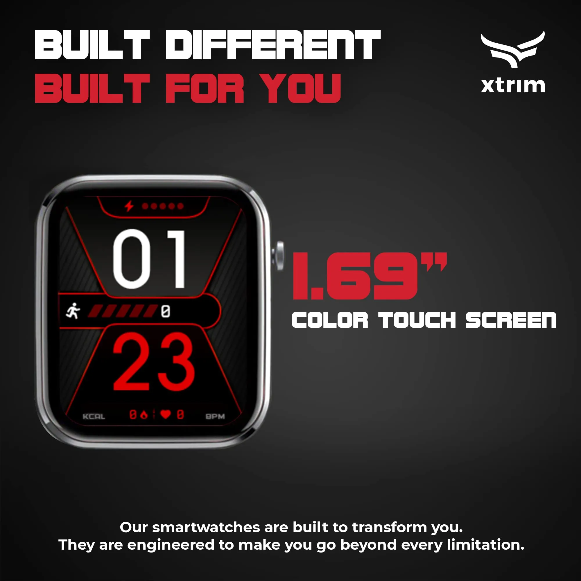 Xtrim Stride X.211 Smartwatch with SpO2 Tracking, 1.69" Colour Touch Screen, 220 mAh Battery, Waterproof IP67, Multi-Sport Modes, Detachable Straps | Works with DaFit Application (Black)