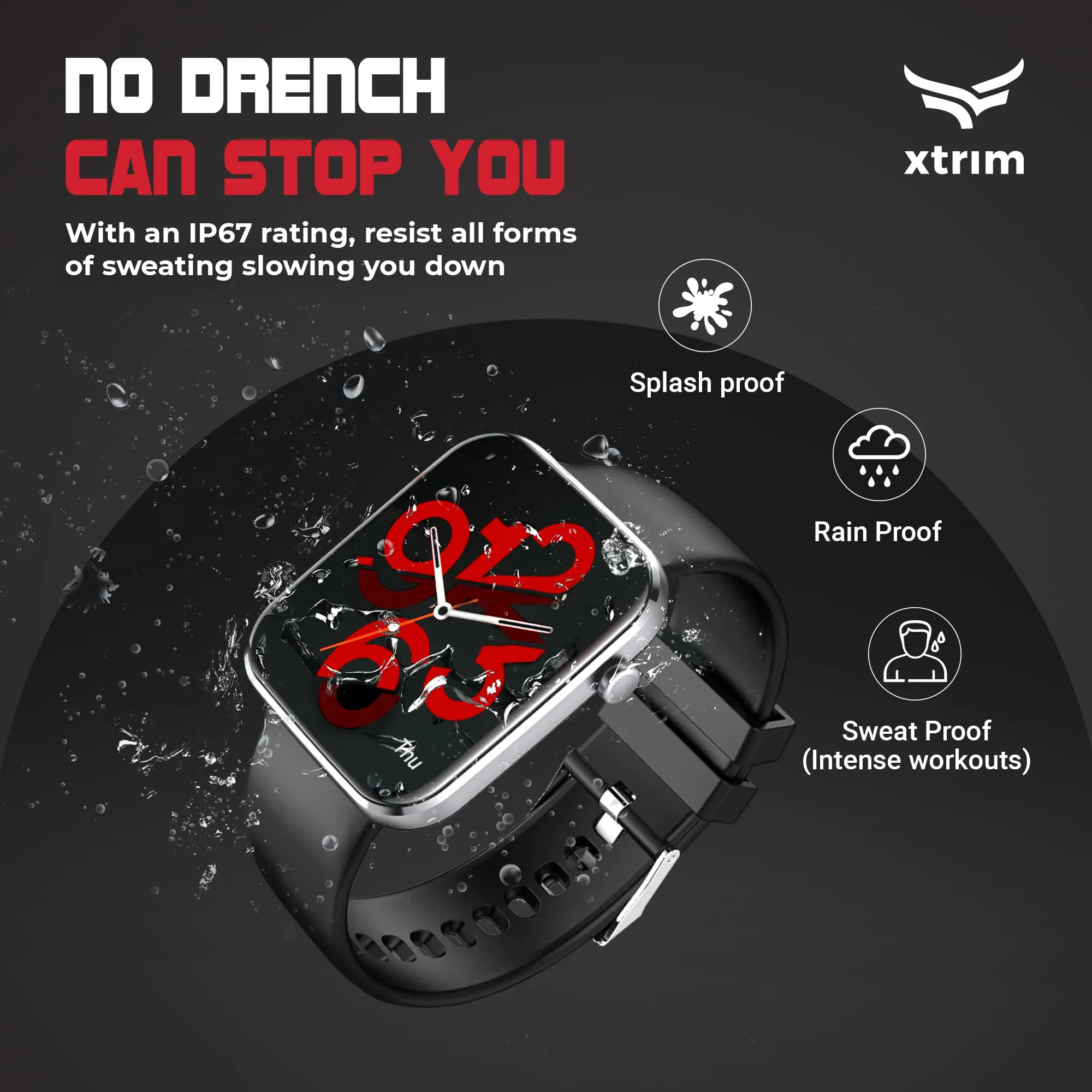 Xtrim Stride X.211 Smartwatch with SpO2 Tracking, 1.69" Colour Touch Screen, 220 mAh Battery, Waterproof IP67, Multi-Sport Modes, Detachable Straps | Works with DaFit Application (Black)